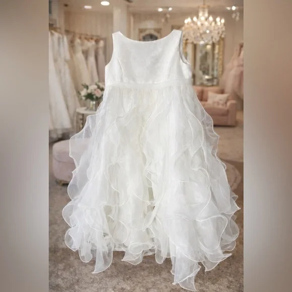 David’s Bridal White Flower Girl Dress Size 5 Layered Organza Wedding - Picture 7 of 7